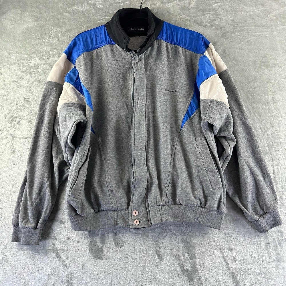 VTG Pierre Cardin Track Jacket Men's L Gray White Blue Color Block Zip Up.